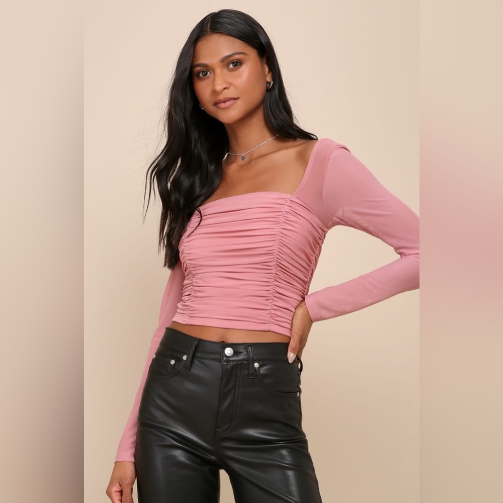 🆕(NWT) LULUs Iconic Inclination Dusty Rose Mesh Long Sleeve Ruched Crop Top XL